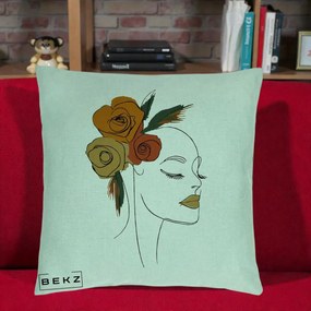 Perna Decorativa Portret Feminin Trandafiri Ruginii, 40x40 cm, Verde Menta, Husa Detasabila, Perna Inclusa, BEKZ®