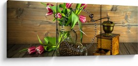 Tablou - lalele, râșniță și cafea (cu ceas) (90x30 cm)