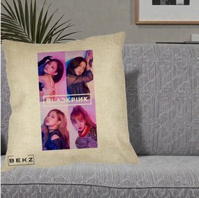 Perna Personalizata K-pop BLACKPINK Poster Colaj 4 Membre Violet Roz, 40x40 cm, Crem, Husa Detasabila, Perna Inclusa, BEKZ®