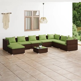 Set mobilier de gradina cu perne, 9 piese, maro, poliratan maro si verde, 3x colt + 4x mijloc + suport pentru picioare + masa, 1