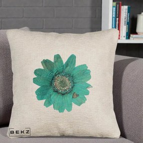 Perna Decorativa Floare Gerbera Teal Acuarela, 40x40 cm, Bej Canapea, Husa Detasabila, Perna Inclusa, BEKZ®