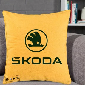 Perna Personalizata cu emblema Skoda, 40x40 cm, Galben, Husa Detasabila, Perna Inclusa, BEKZ®