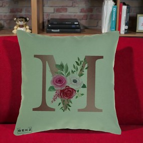 Cadou Personalizat - Perna Personalizata Monograma Rose Gold Litera M cu Trandafiri, 40x40 cm, Verde, Husa Detasabila, Perna Inclusa, BEKZ®