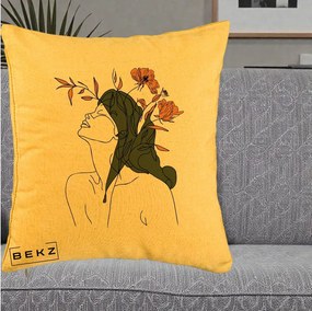 Perna Decorativa Portret Feminin Profil Flori Portocalii, 40x40 cm, Galben, Husa Detasabila, Perna Inclusa, BEKZ®