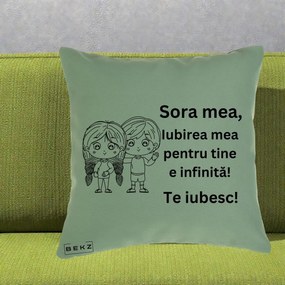 Cadou pentru Sora - Perna Personalizata Sora Mea Te Iubesc Copii Anime Line Art, 40x40 cm, Verde, Husa Detasabila, Perna Inclusa, BEKZ®
