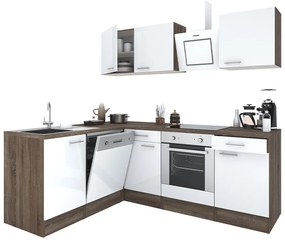 Mobilă de bucătărie de colț Yorki 220, corp din stejar Yorki, față alb satinat cu element inferior al cuptorului