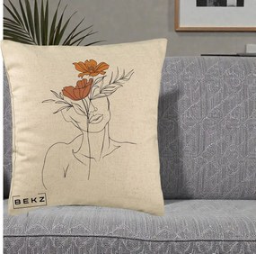 Perna Decorativa Portret Feminin Doua Flori, 40x40 cm, Bej, Husa Detasabila, Perna Inclusa, BEKZ®