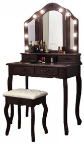 Set Anastasia, masă de toaletă cu 3 oglinzi iluminate LED, control touch, 4 sertare, scaun, Maro,
