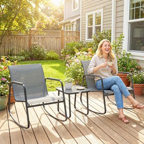 Outsunny Set Bistro din 3 Piese, Set de Grădină cu 2 Scaune de Exterior cu Mișcare de Legănare din Textilenă Respirabilă, Masă cu Blat din Sticlă, Set Masă și Scaune din Oțel pentru Terasă și Balcon, Gri | Aosom Romania