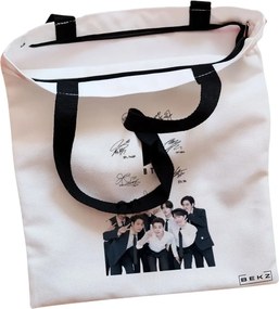 Sacosa de Panza pentru Cumparaturi, Geanta Tote, model BTS Army 6 cu semnaturii, Cu fermoar, 38x34.5 cm, Alba, BEKZ®