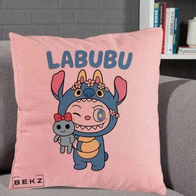 Perna Personalizata Labubu x Stitch cu Flori, 40x40 cm, Roz, Husa Detasabila, Perna Inclusa, BEKZ®