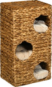 PawHut Copac pentru pisici cu turn de zgâriat, 3 etaje, perne căptușite, deschideri pentru ușă, hiacint de apă, maro deschis | Aosom Romania