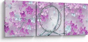 Tablouri cu flori pe trunchi argintiu - abstract (cu ceas) (90x30 cm)