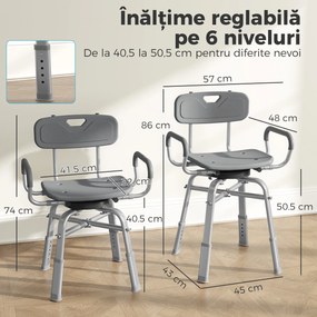 HOMCOM Scaun de Duș Rotativ cu Înălțime Reglabilă, Brațe și Spătar, Capacitate 150 kg, Gri | Aosom Romania