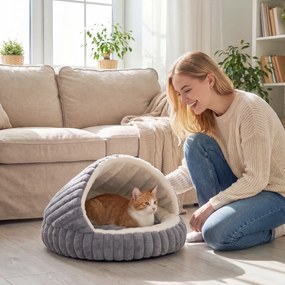 PawHut Culcuș pentru Pisici de până la 5 kg, Rotund Semiînchis, din Pluș cu Efect de Iepuraș, cu Pernă Lavabilă, Gri | Aosom Romania