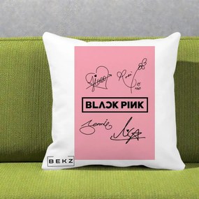 Perna Personalizata K-pop BLACKPINK Semnaturi Roz, 40x40 cm, Alba Mata, Husa Detasabila, Perna Inclusa, BEKZ®