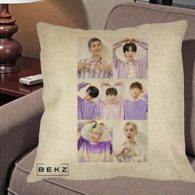 Perna Personalizata K-pop BTS Colaj 7 Portrete cu Inimi Lila, 40x40 cm, Crem, Husa Detasabila, Perna Inclusa, BEKZ®