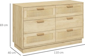 HOMCOM cu 6 sertare în stil Boho pentru dormitor și hol, din lemn și rattan, 110x40x69 cm, Stejar | Aosom Romania