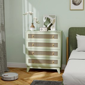 HOMCOM Comodă 4 sertare mobilier de depozitare cannage din ratan aspect lemn deschis 80 x 35 x 95 cm verde | Aosom Romania
