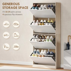 HOMCOM Dulap Subțire pentru Pantofi cu 4 Sertare pentru 16 de Perechi de Pantofi 62.5x26x156 cm, Culoare Lemn și Alb | Aosom Romania