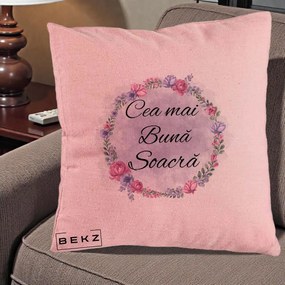 Cadou pentru Soacra - Perna Personalizata Cea mai Buna Soacra cu Coronita Flori Roz si Mov, 40x40 cm, Roz, Husa Detasabila, Perna Inclusa, BEKZ®