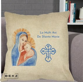 Cadou de Onomastica - Perna Personalizata Sfanta Marie Icoana Acuarela, 40x40 cm, Crem, Husa Detasabila, Perna Inclusa, BEKZ®
