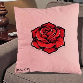 Perna Decorativa Trandafir Rosu Tattoo, 40x40 cm, Roz, Husa Detasabila, Perna Inclusa, BEKZ®