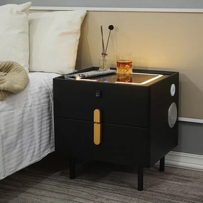 RESIGILAT- Noptieră inteligentă multifuncțională, 2 sertare cu maner, blocare cu amprentă, LED-uri tactile, 3 tipuri de culoare, încărcare fără fir, Difuzor Bluetooth, incarcare USB, sticla securizata, Negru