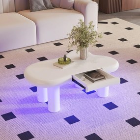 Masă de cafea în formă de nor, din MDF cu iluminare LED și sertar, 98x65,5x40 cm, Alb