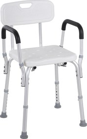 HOMCOM Scaun de Duș cu Spătar, Brațe, Înălțime Reglabilă și Picioare Antiderapante, 51,5x51,5x71-84 cm, Alb | Aosom Romania