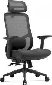 Scaun ergonomic premium Ally-H, spătar reglabil pe înălțime, șezut glisant, suport lombar 2D, tetieră 2D, cotiere 3D, reclinare 125°, Mesh + Textil, Negru