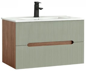 Trent 80 dulap de baie inferior cu chiuvetă ceramică (2 sertare) stejar apus de soare-olive verde
