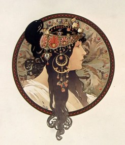 Reproducere Byzantine head of a brunette; Tete byzantine d'une brunette, Alfons Mucha