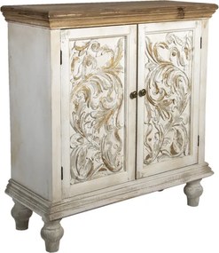 Comodă cu 2 uși, vintage, shabby chic, din lemn, alb, cu blat natur, raft interior și decor sculptat, 100 x 91 x 38 cm, „Fleur de Lys”