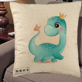 Perna Personalizata Dinozaur Bland Coroana Kawaii, 40x40 cm, Bej, Husa Detasabila, Perna Inclusa, BEKZ®