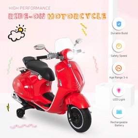 HOMCOM Motocicleta Electrica pentru Copii 3+ Ani cu Licenta Vespa, Motocicleta Jucarie din PP, Otel, 2 Roti Suplimentare, 108x49x75cm Rosie | Aosom RO