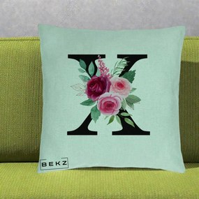 Cadou Personalizat - Perna Personalizata Monograma Florala Litera X cu Buchet, 40x40 cm, Verde Menta, Husa Detasabila, Perna Inclusa, BEKZ®