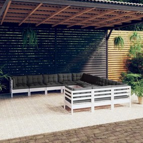 Set mobilier gradina cu perne, 11 piese, alb, lemn de pin Alb, 1