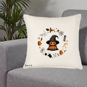 Perna Decorativa Halloween Dovleac Vrajitor Boo cu Simboluri, 40x40 cm, Crem Reliefat, Husa Detasabila, Perna Inclusa, BEKZ®