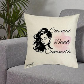 Cadou pentru Cumnata - Perna Personalizata Cea mai Buna Cumnata cu Silueta Dama si Pete Roz, 40x40 cm, Ecru, Husa Detasabila, Perna Inclusa, BEKZ®