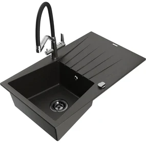 Mexen Cesar chiuvetă granit 1-cameră cu scurgător și baterie de bucătărie Duo, negru/auriu metalic - 6514-75-671701-07-B