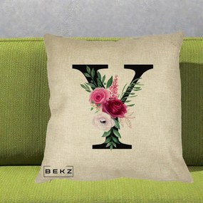 Cadou Personalizat - Perna Personalizata Monograma Florala Litera Y cu Buchet, 40x40 cm, Crem, Husa Detasabila, Perna Inclusa, BEKZ®
