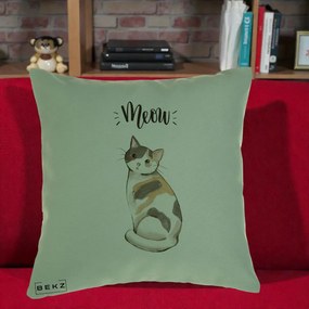 Perna Personalizata Pisica Meow Acuarela, 40x40 cm, Verde, Husa Detasabila, Perna Inclusa, BEKZ®