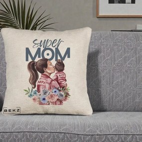 Cadou pentru Mama - Perna Personalizata Super Mom Mama cu Bebelusul, 40x40 cm, Bej Canapea, Husa Detasabila, Perna Inclusa, BEKZ®