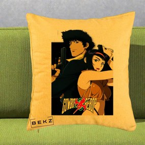 Perna Personalizata Cowboy Bebop Spike si Faye Poster, 40x40 cm, Galben, Husa Detasabila, Perna Inclusa, BEKZ®