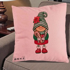 Perna Decorativa Gnom Craciun Verde cu Bomboane si Floare, 40x40 cm, Roz, Husa Detasabila, Perna Inclusa, BEKZ®