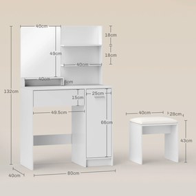 HOMCOM Masă de Toaletă cu Oglindă și Taburet, 80x40x132 cm, Alb | Aosom Romania