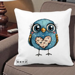 Perna Decorativa Bufnita Albastra cu Inimioare, 40x40 cm, Alba Mata, Husa Detasabila, Perna Inclusa, BEKZ®