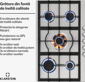 Klarstein Ignito 5 Zonen, plită pe gaz, 5 arzătoare Sabaf, oțel inoxidabil, argintiu