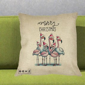 Perna Decorativa Flamingo Merry Christmas, 40x40 cm, Crem, Husa Detasabila, Perna Inclusa, BEKZ®